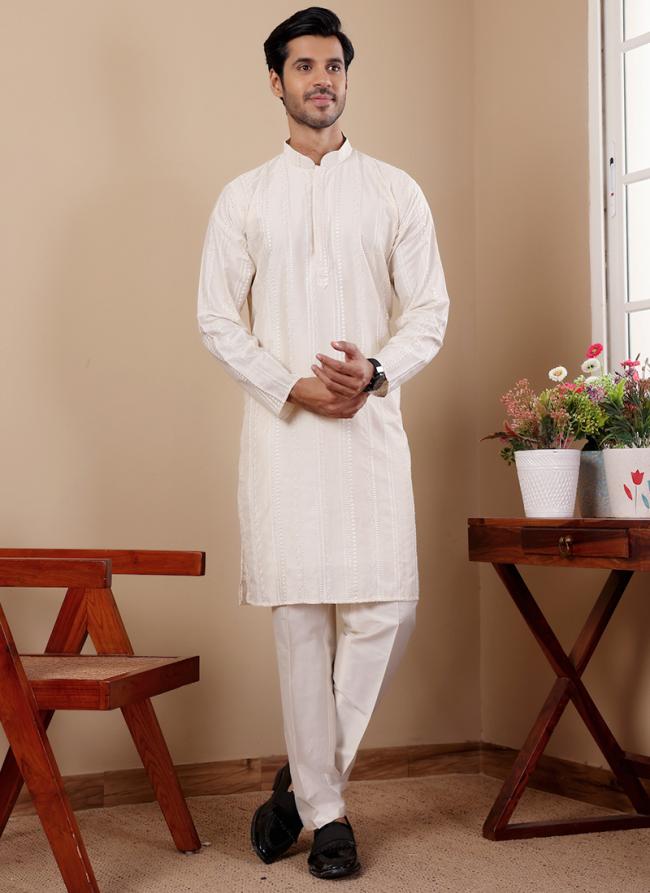 Silk Off White Traditional Wear Embroidery Work Readymade Kurta Pajama